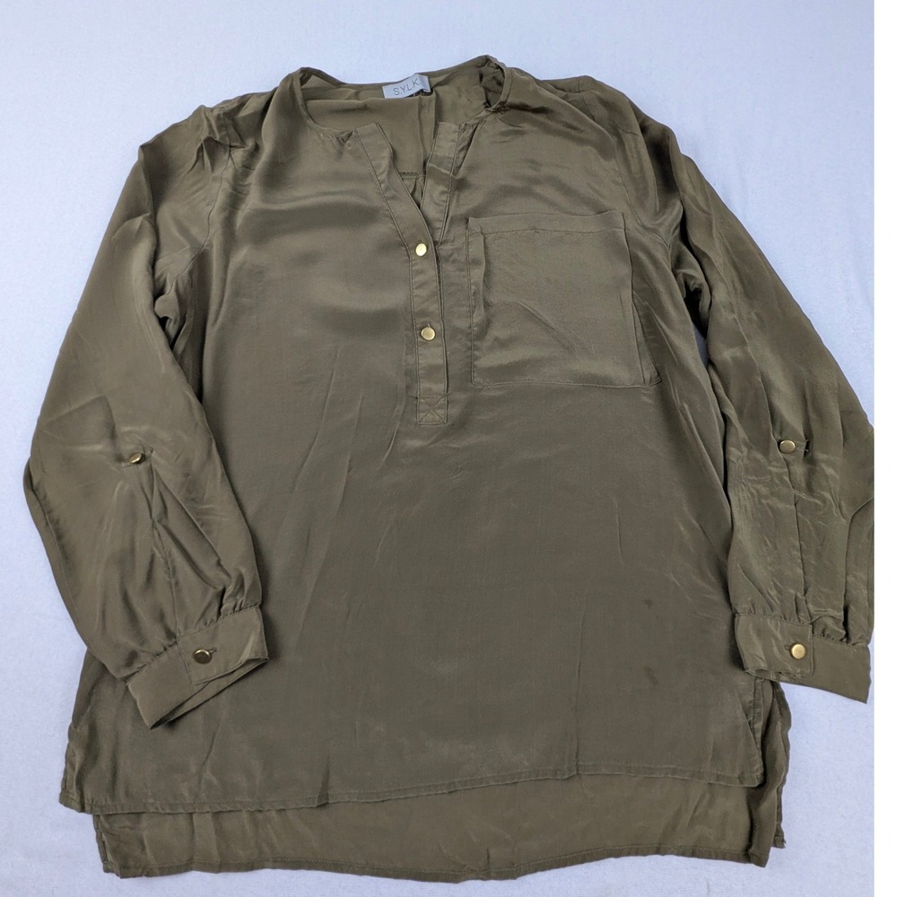 SYLK Women Olive Green 100% Silk Roll Tab Tunic Top Lux Boho Safari Medium